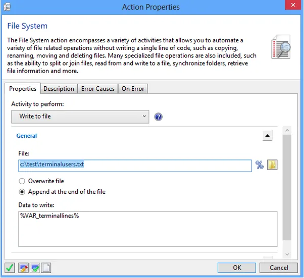 Action Properties Window -File System